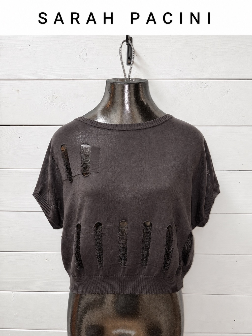 Sarah Pacini Distressed Fine Knit Cropped Top – One Size